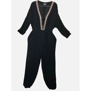 BCBG Black Embroidered Jumpsuit Large Boho Hippie Casual Gypsy Sexy Coastal Cute